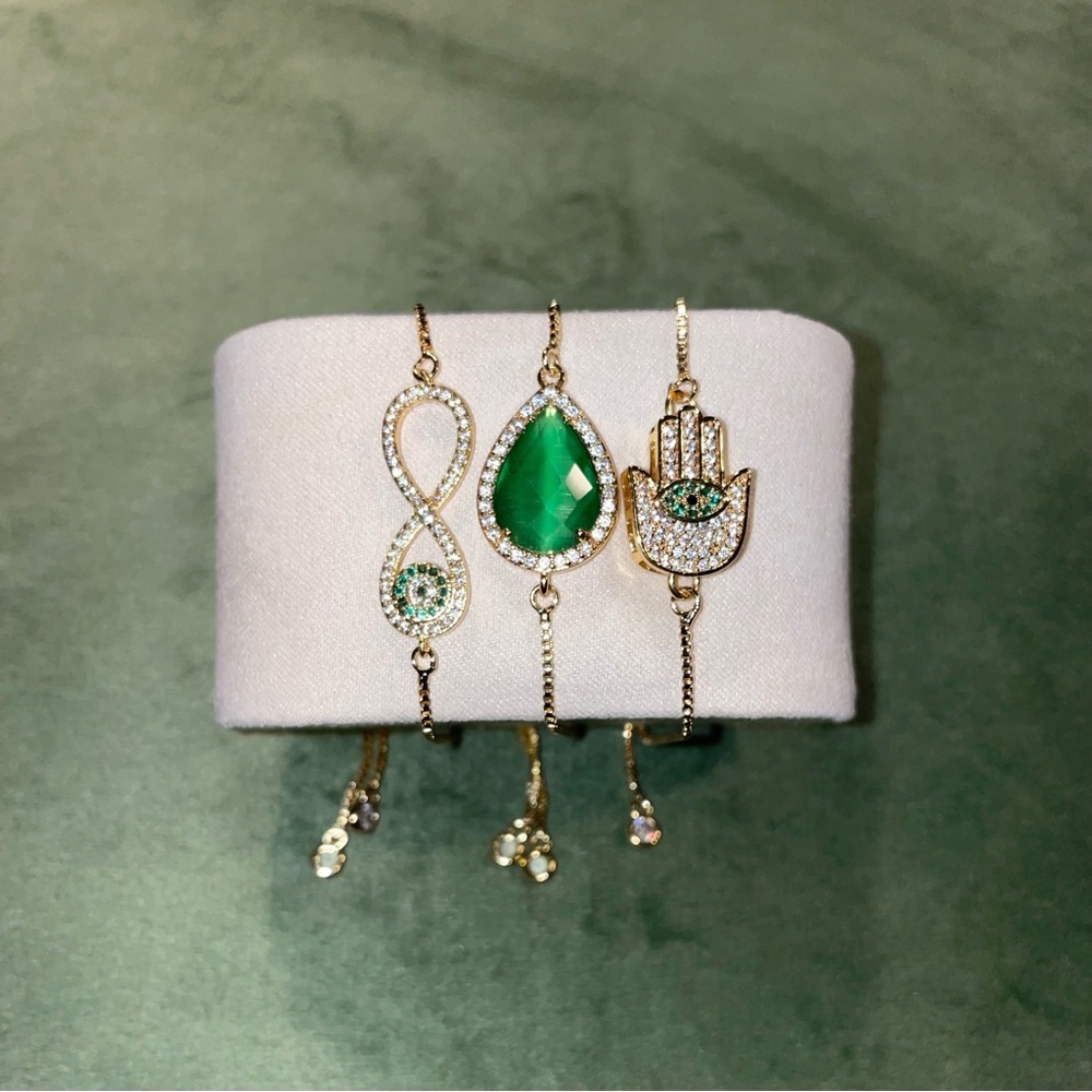 Set of 3 - Elegant Gold and Green Charm Bracelets